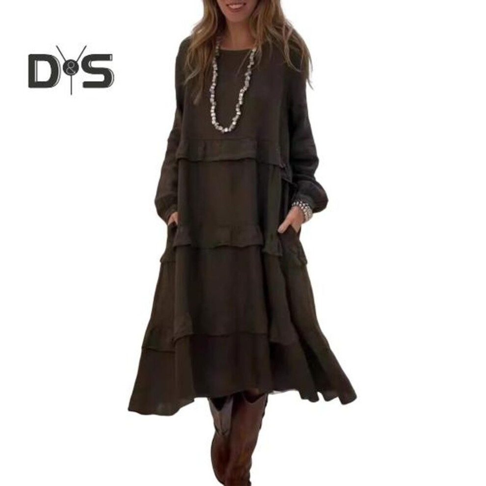 (green, XXL) Women's Long Sleeve Midi Dress Loose Ruffle Tiered Dress Casual O Neck Spring Pullover Dress For Holiday Vacation Beach