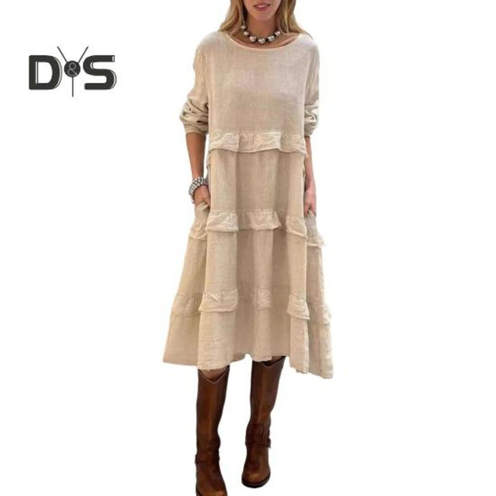 (apricot, XXL) Women's Long Sleeve Midi Dress Loose Ruffle Tiered Dress Casual O Neck Spring Pullover Dress for Holiday Vacation Beach