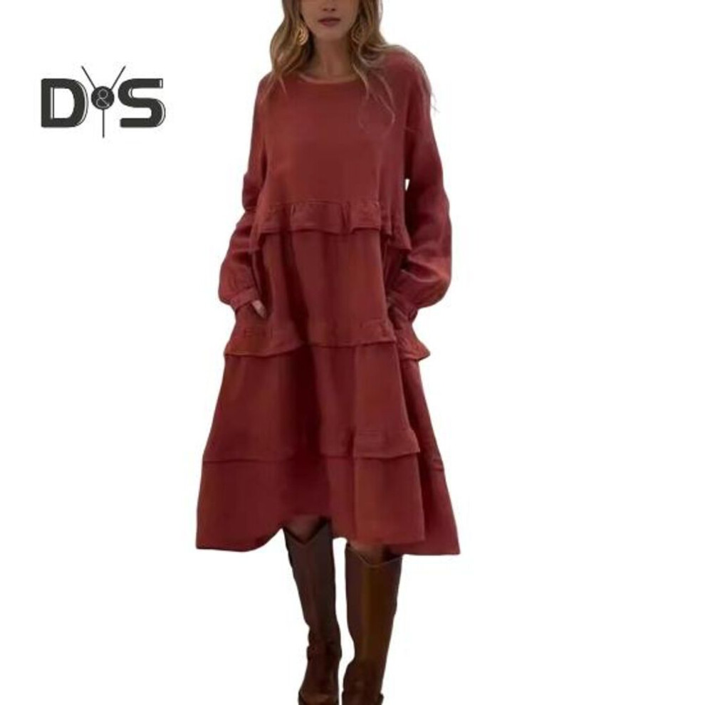 (red, L) Women's Long Sleeve Midi Dress Loose Ruffle Tiered Dress Casual O Neck Spring Pullover Dress For Holiday Vacation Beach