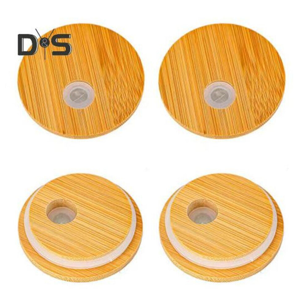 4 Pcs Bamboo Lid With Straw Hole Leak-proof Silicone Seal Lid 2.76inch Canning Lid Regular Mouth Jars Replacement Bamboo Lid For Beer Glasses