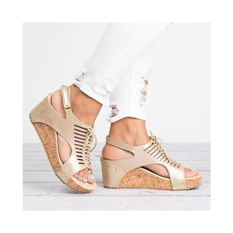 (Beige,EU38)Sandales compensées en caoutchouc femme Frenulum vintage plateforme bout ouvert neuves