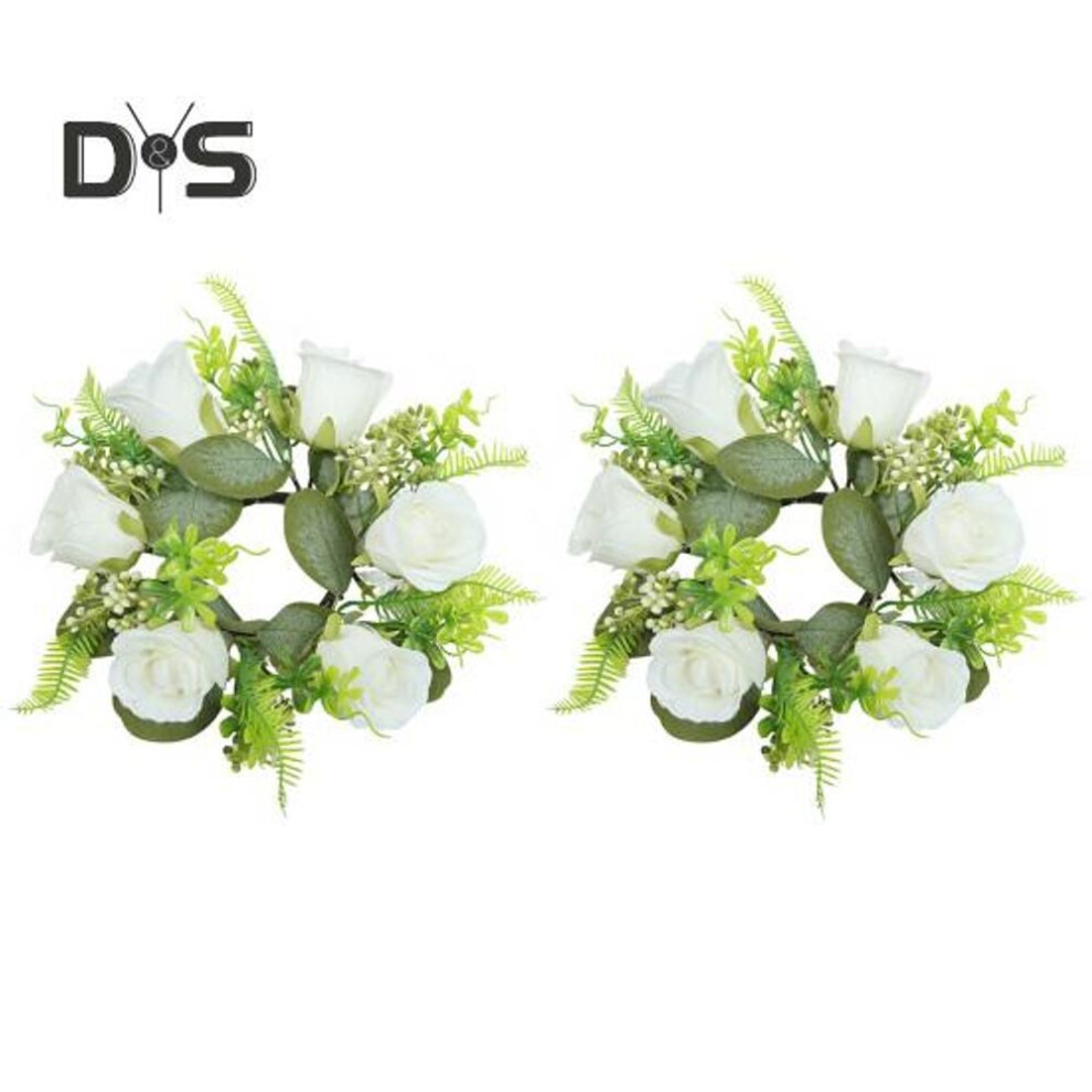 (as the picture, B 2pcs) Fake Rose Candle Wreath Handmade Artificial Flowers Candle Ring Faux Roses Garland Table Centerpiece For Wedding Spring Summer Front Door Decor
