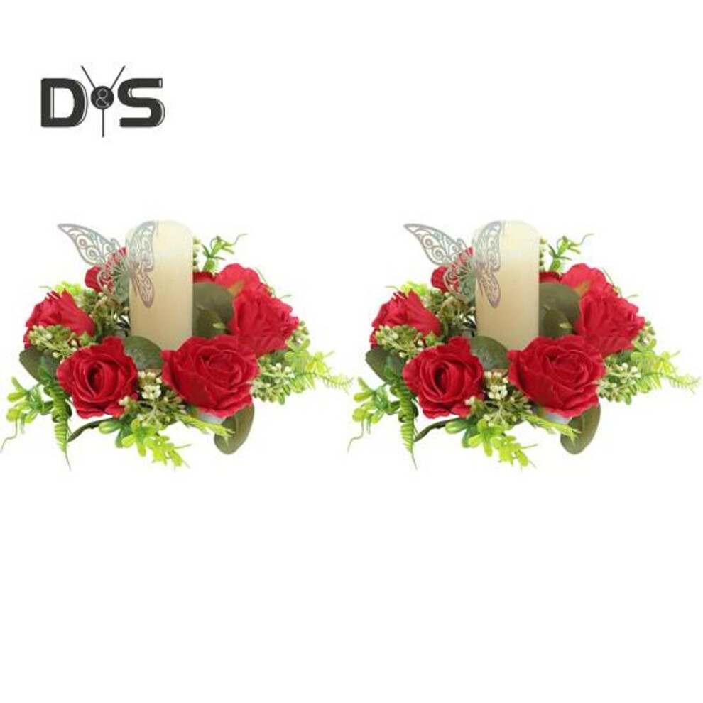 (as the picture, A 2pcs) Fake Rose Candle Wreath Handmade Artificial Flowers Candle Ring Faux Roses Garland Table Centerpiece for Wedding Spring Summer Front Door Decor
