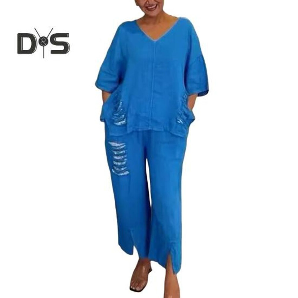 (blue, M) 2 Pcs/set Fall Spring Women T-shirt Pants Set Half Sleeves V Neck Rippe Top Elastic Waist Sequin Trousers Ol Commuting Sport Pantsuit Outfit