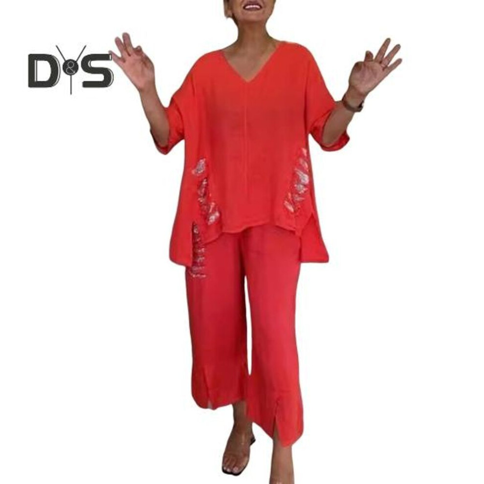 (red, XXXL) 2 Pcs/Set Fall Spring Women T-shirt Pants Set Half Sleeves V Neck Rippe Top Elastic Waist Sequin Trousers OL Commuting Sport Pantsuit Outfit