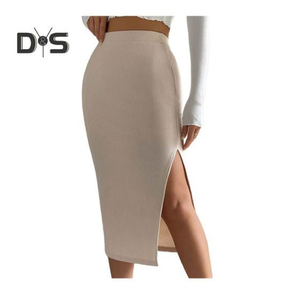 (L, apricot) Women Midi Skirt High Waist Side Slit Design Knitting Skirt Solid Color Hip Wrapped Office Lady Skirt Daily Wear