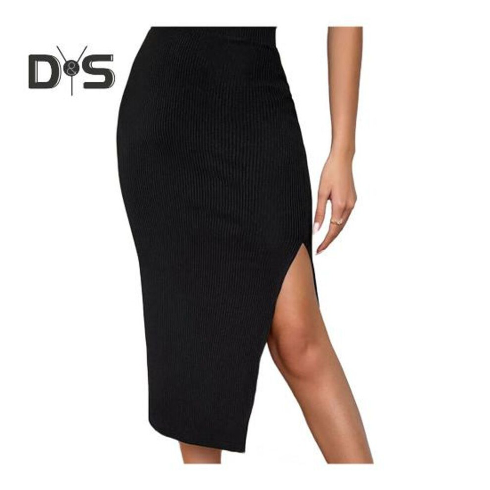 (L, black) Women Midi Skirt High Waist Side Slit Design Knitting Skirt Solid Color Hip Wrapped Office Lady Skirt Daily Wear