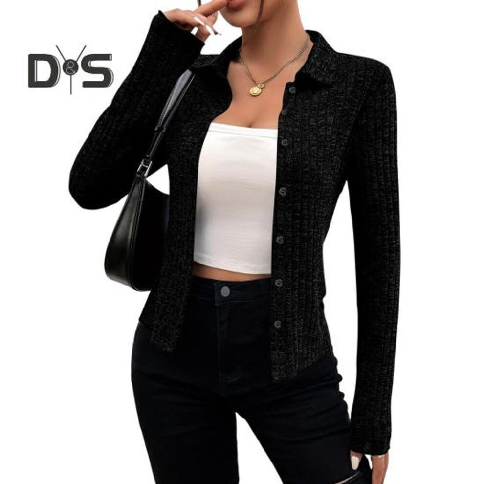 (S, black) Knitting Cardigan Lapel Long Sleeve Single Breasted Knitting Coat Women Solid Color Slim Fit Outwear Knitwear