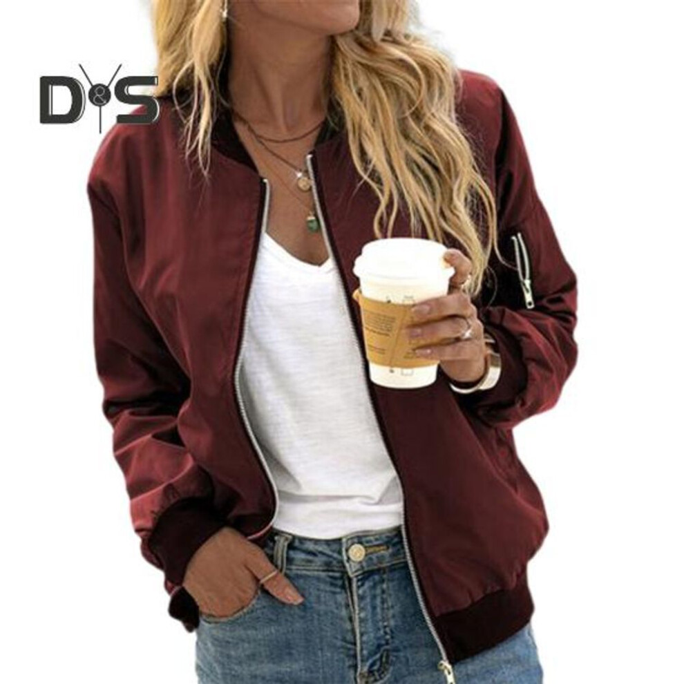 (wine red, L) Fall Spring Women Coat Stand Collar Zip-up Elastic Cuff Hem Solid Color Loose Cardigan Lady Daily Wear Outdoor Jacket