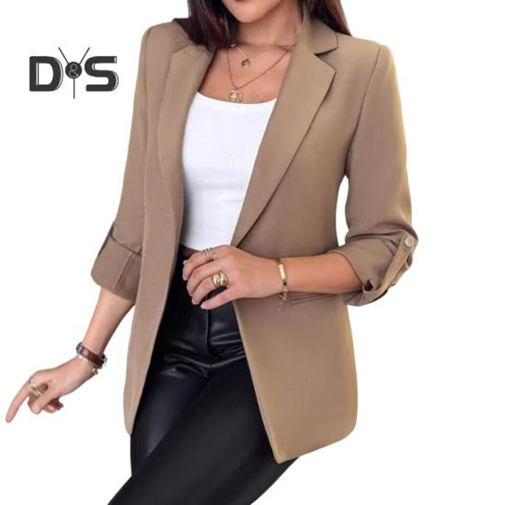 (khaki, M) Women Suit Coat Autumn Winter Long Sleeved Cardigan Coat Casual Lapel Solid Color Suit for Business Daily Wear