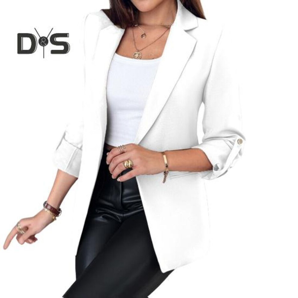 (white, XL) Women Suit Coat Autumn Winter Long Sleeved Cardigan Coat Casual Lapel Solid Color Suit for Business Daily Wear