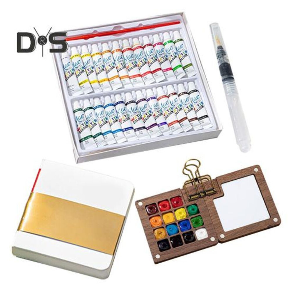 (as the picture, D) Mini Watercolor Paint Box Pocket Artist Travel Set 8/15-color Palette Walnut Wood Metal Clip Portable Watercolor Pen