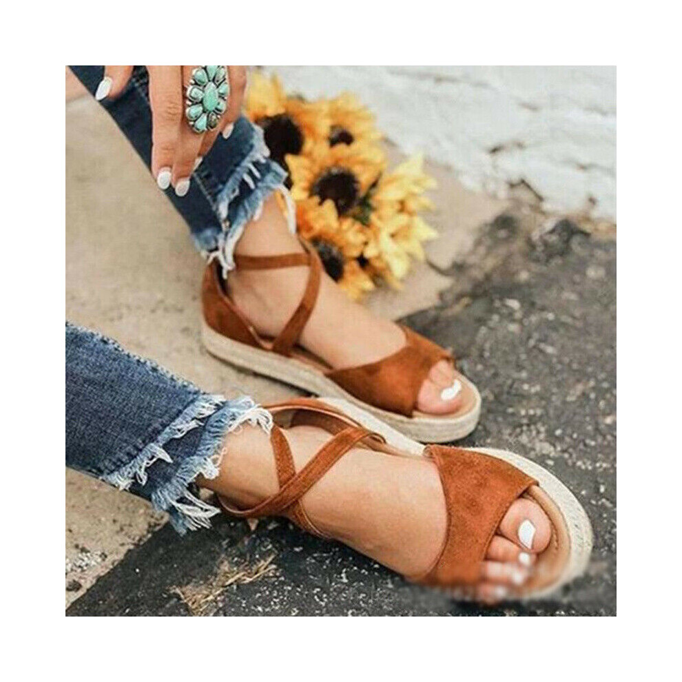 (Brown,EU38)Sandales espadrilles plates à talons compensés bas pour femmes pointure bout ouvert