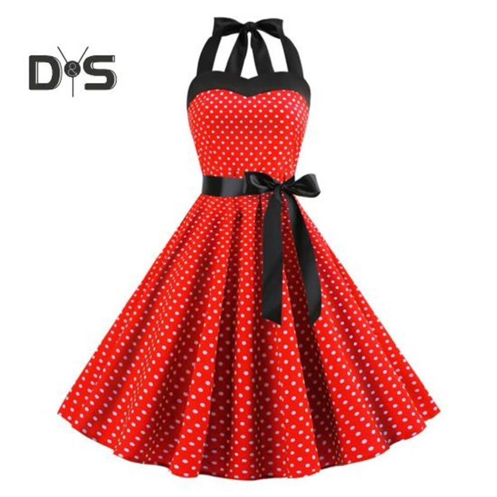 (red, M) Women Midi Dress Halter Neck Lace Up Tight High Waist Bow Decor Sleeveless A Line Loose Hem Dot Print Retro 50s 60s Lady Backless Prom Party Dress