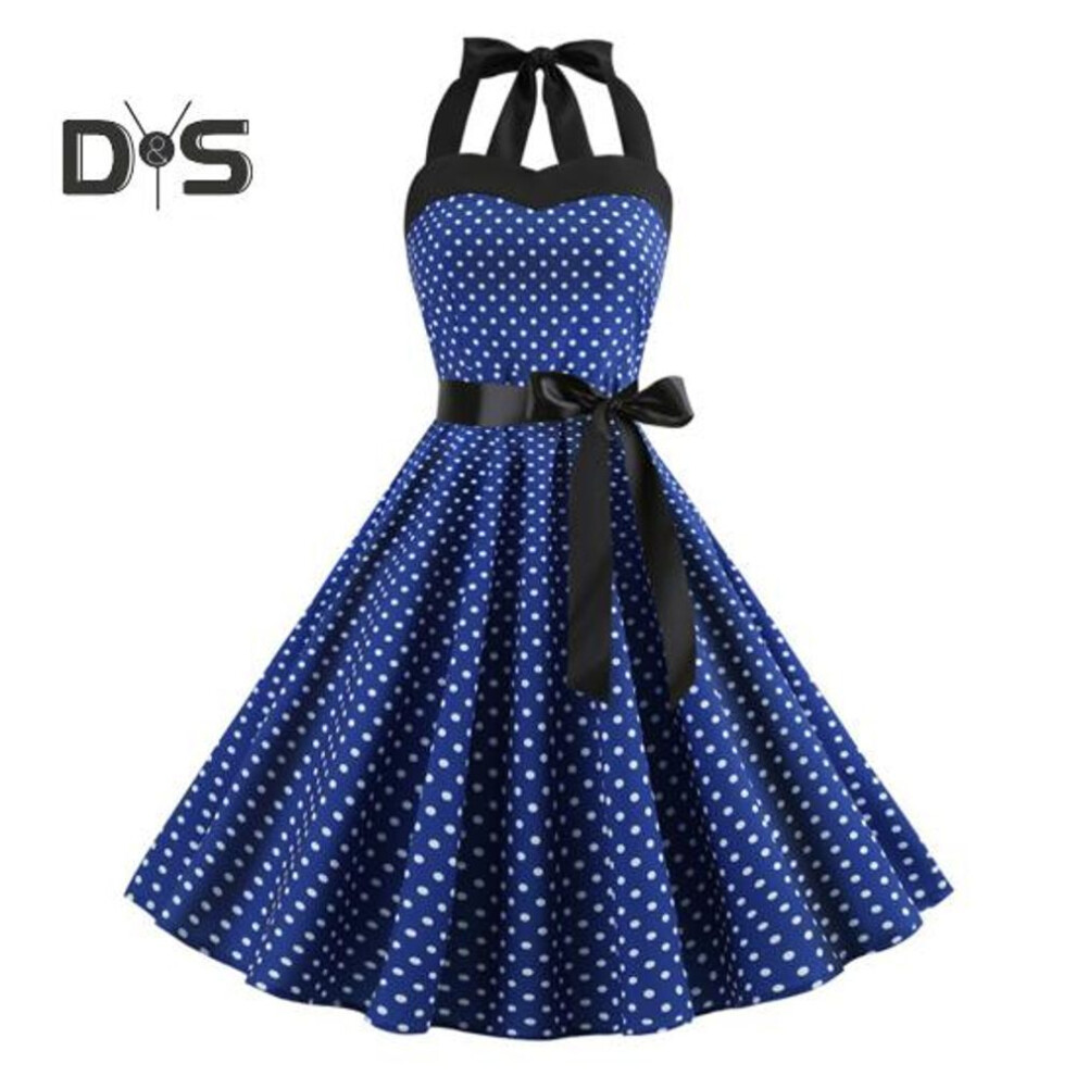 (blue, 2XL) Women Midi Dress Halter Neck Lace Up Tight High Waist Bow Decor Sleeveless A line Loose Hem Dot Print Retro 50s 60s Lady Backless Prom Party Dress
