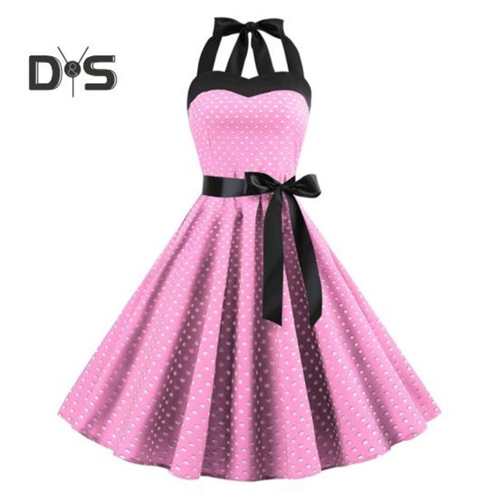 (pink, XL) Women Midi Dress Halter Neck Lace Up Tight High Waist Bow Decor Sleeveless A line Loose Hem Dot Print Retro 50s 60s Lady Backless Prom Party Dress