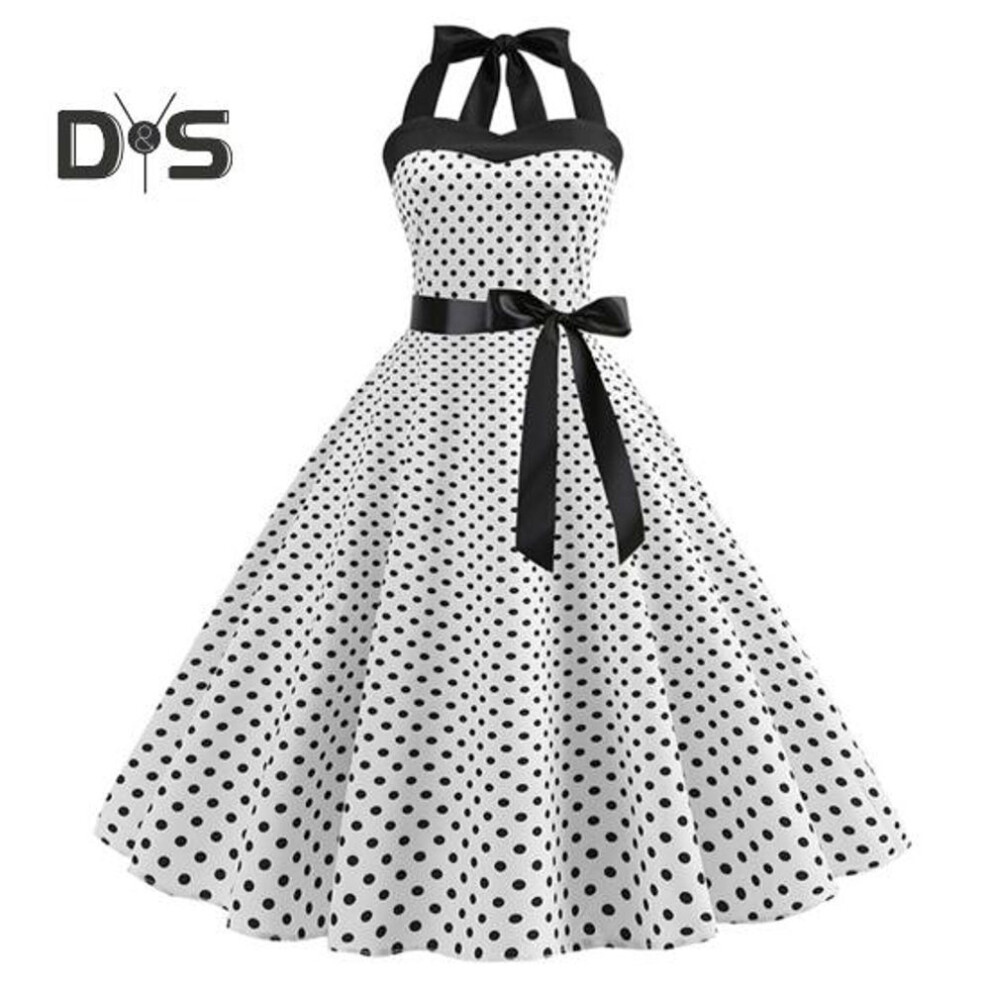 (white, L) Women Midi Dress Halter Neck Lace Up Tight High Waist Bow Decor Sleeveless A Line Loose Hem Dot Print Retro 50s 60s Lady Backless Prom Party Dress