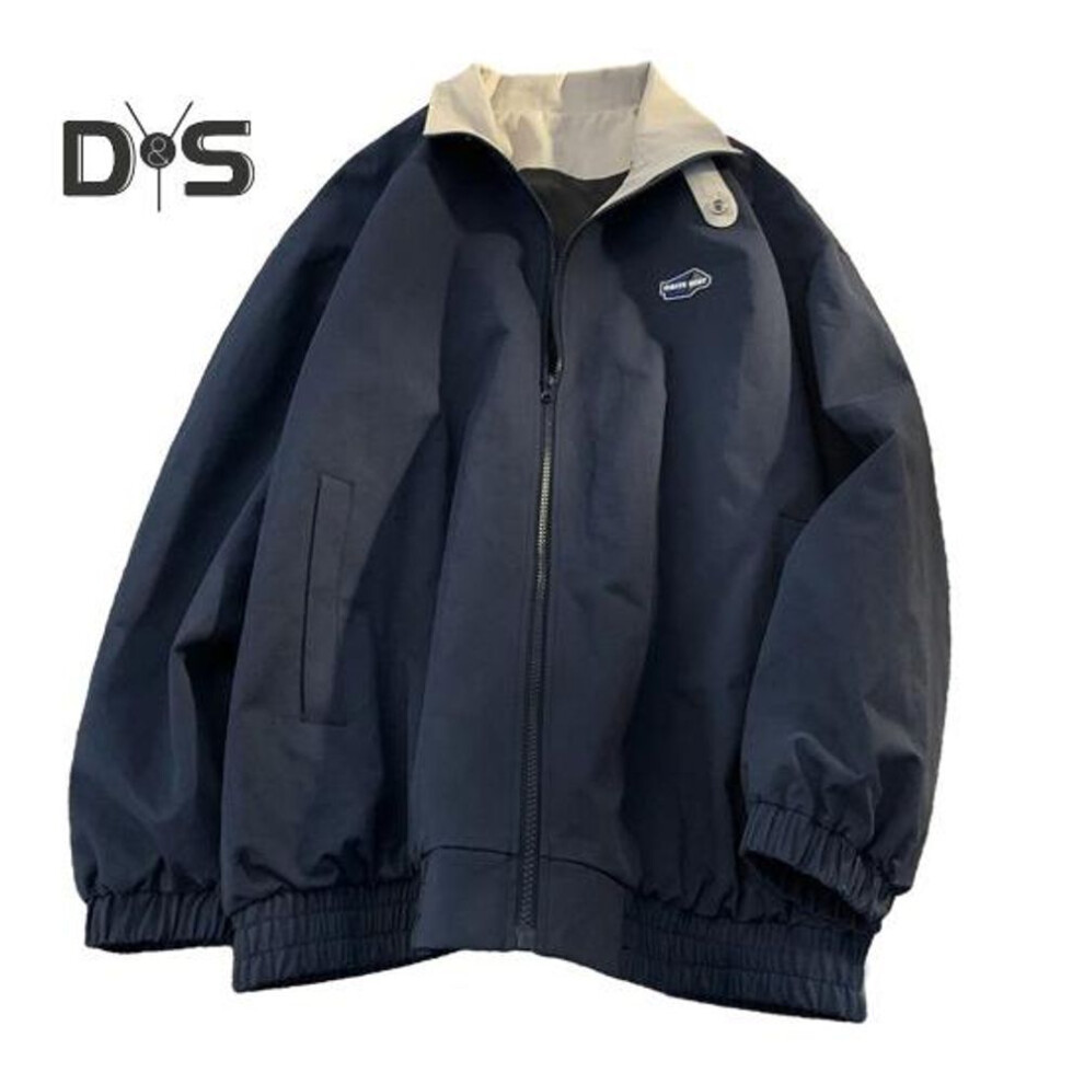 (navy blue, L) Women Spring Autumn Jacket Lapel Long Sleeve Trench Coat Zipper Placket Pockets Casual Windbreaker Streetwear