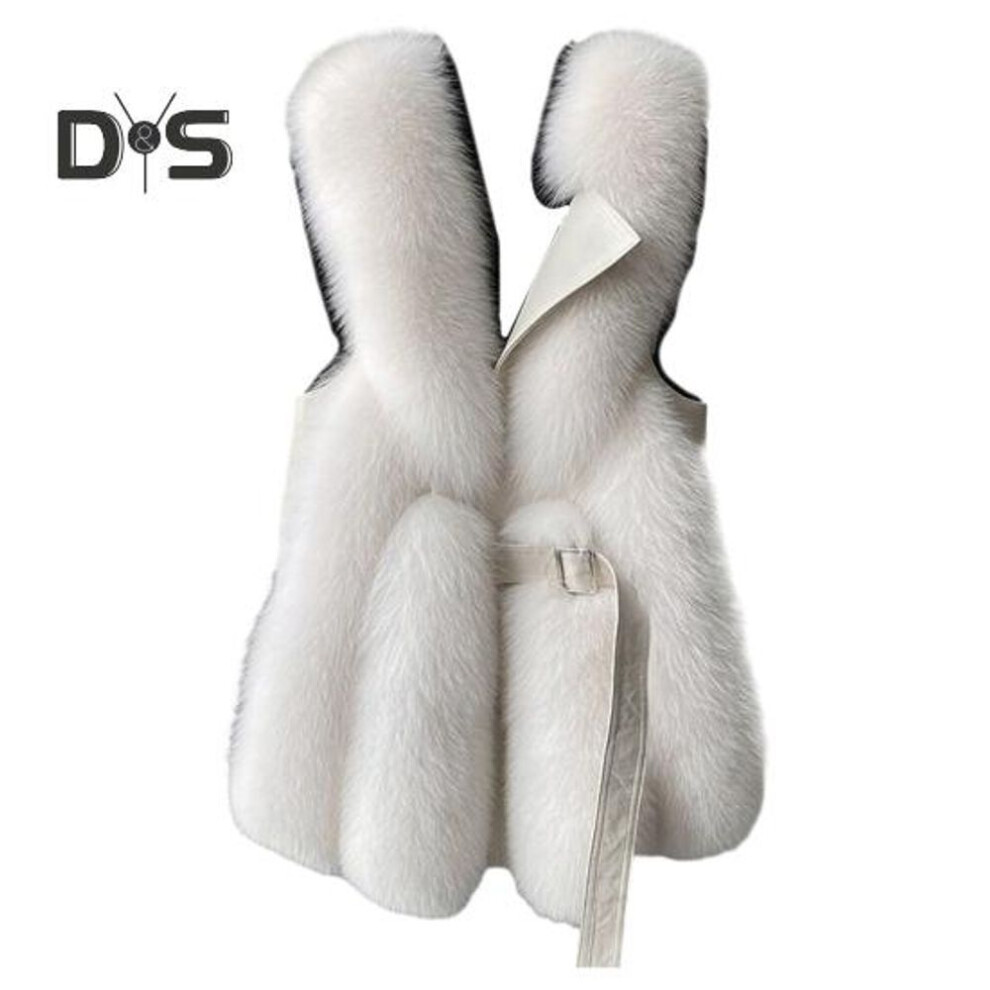 (beige, 2XL) Women Winter Vest Coat Thick Fluffy Faux Fur Cozy Solid Color Sleeveless Button Closure Belt Decor Solid Color Windproof Faux Leather Patchwork Warm