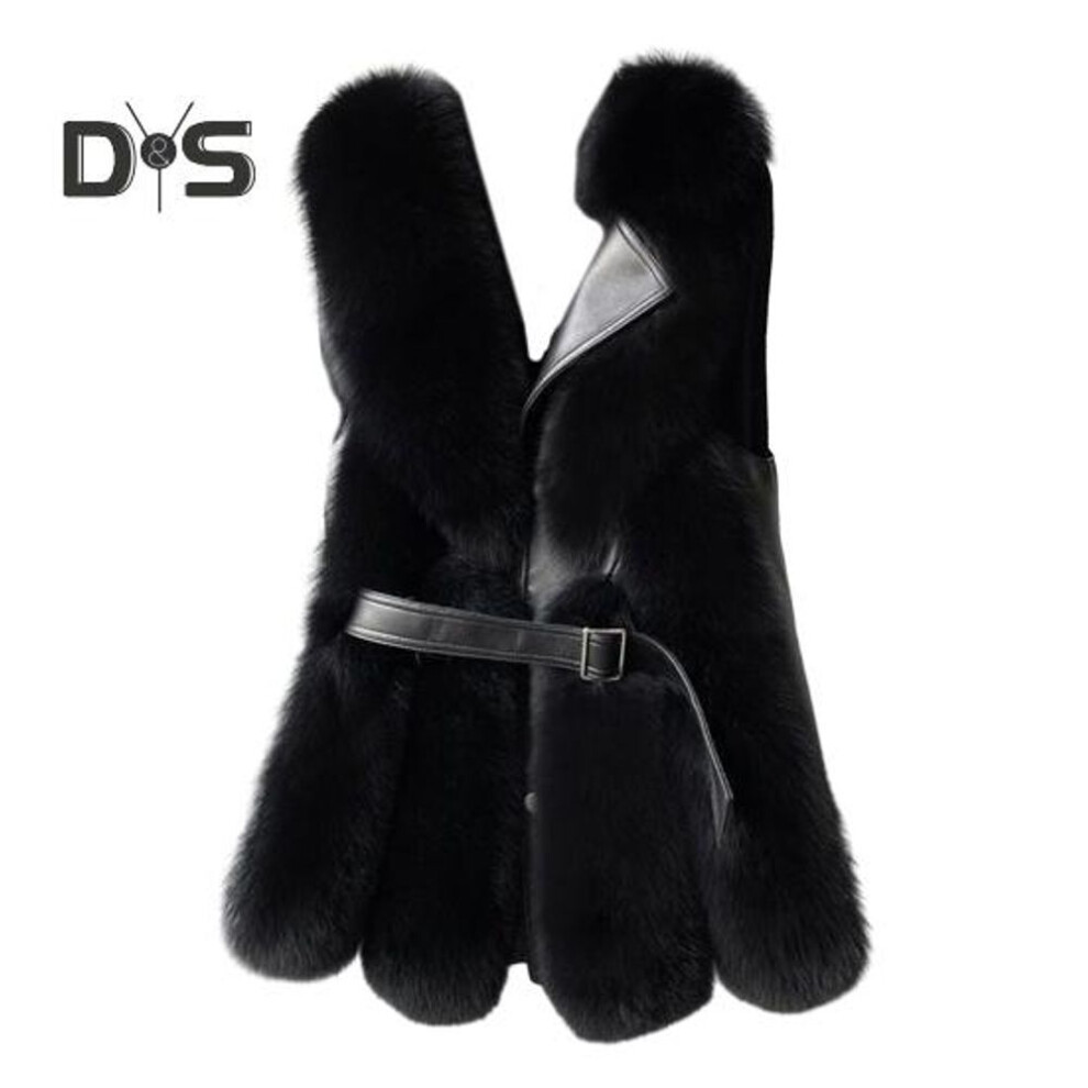 (black, 2XL) Women Winter Vest Coat Thick Fluffy Faux Fur Cozy Solid Color Sleeveless Button Closure Belt Decor Solid Color Windproof Faux Leather Patchwork Warm