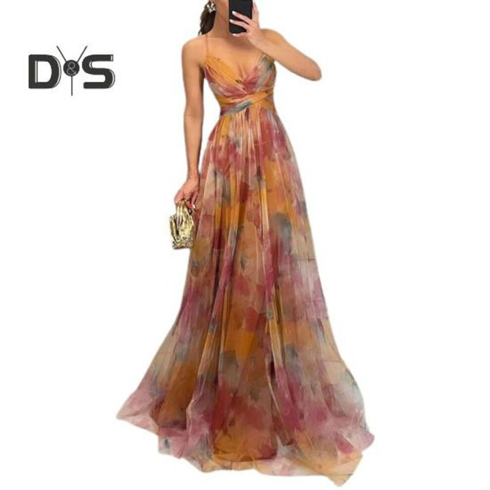 (as the picture, XL) Women Evening Dress Mesh Colorful Printing Low-cut Sleeveless Backless Spaghetti Strap Pleated A-line Floor Length Tight Waist