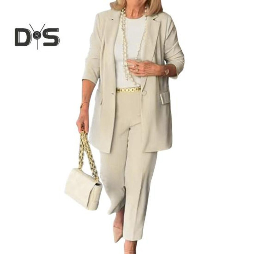 (beige, XXXL) 2 Pcs/Set Women Suit Coat Pants Set Single Button Lapel Long Sleeves Soid Color High Waist Straight Trousers OL Commute Business Formal Style Outfit