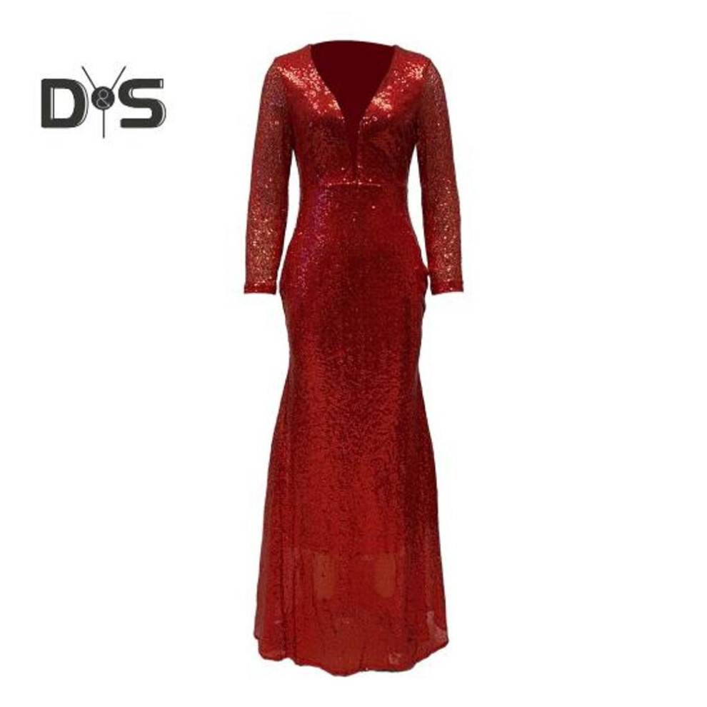 (red, M) Women Evening Dress Sequin Deep V Neck Long Sleeves Slim Fit Fishtail Hem Sequin Floor Length Sheath Back Zipper Closure Maxi Dress