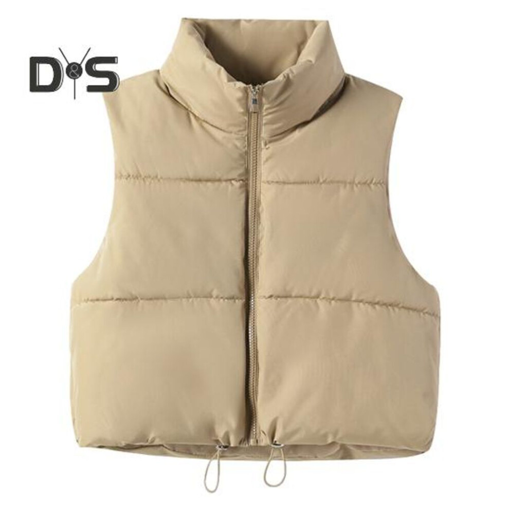 (khaki, M) Winter Women Vest Coat Thickened Padded Zipper Closure Stand-up Collar Sleeveless Solid Color Winproof Heat Retention Outdoor Down Coat