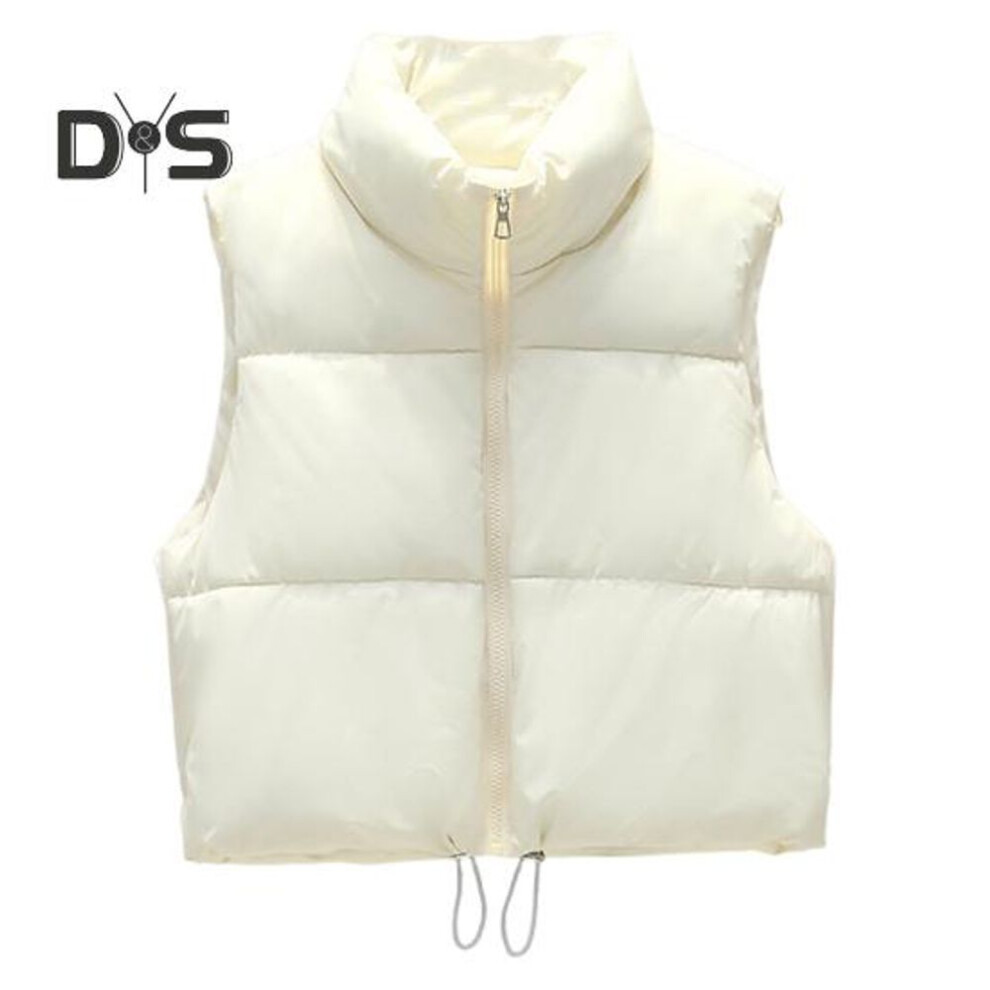 (beige, M) Winter Women Vest Coat Thickened Padded Zipper Closure Stand-up Collar Sleeveless Solid Color Winproof Heat Retention Outdoor Down Coat