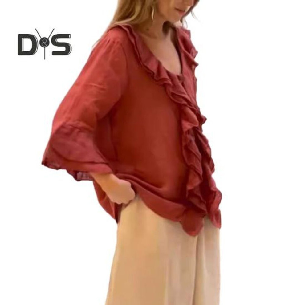 (XXXL, red) Women Shirt V-Neck 3/4 Flying Sleeve Ruffle Stitching Design Solid Color Pullover Tops Loose Fit Casual Blouse Daily Wear