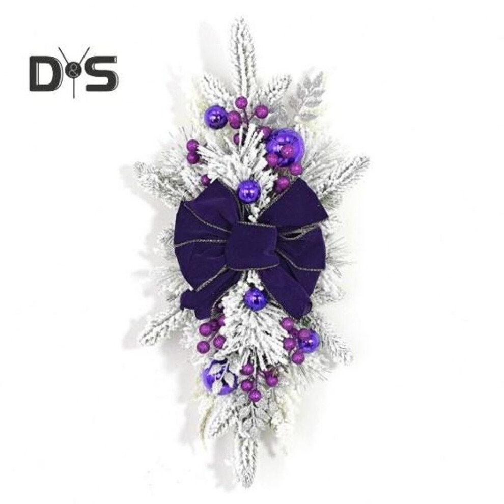 (purple) Artificial Christmas Stair Swags LED Light Christmas Teardrop Stair Garland Snowy Frosted Light Up Hanging Pendant for Stair Railing Wall Window
