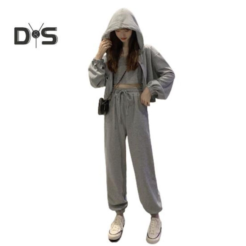 (grey, M) 3 Pcs/Set Women Fall Tracksuit Sleeveless Vest Hooded Long Sleeve Zip-up Coat Elastic Waist Ankle-banded Trousers Daily Wear Sport Outfit