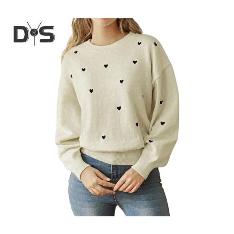 (L, apricot) Women Sweater Round Neck Long Sleeve Stretchy Knitting Tops Heart Pattern Loose Fit H-Shaped Pullover Tops Knitwear