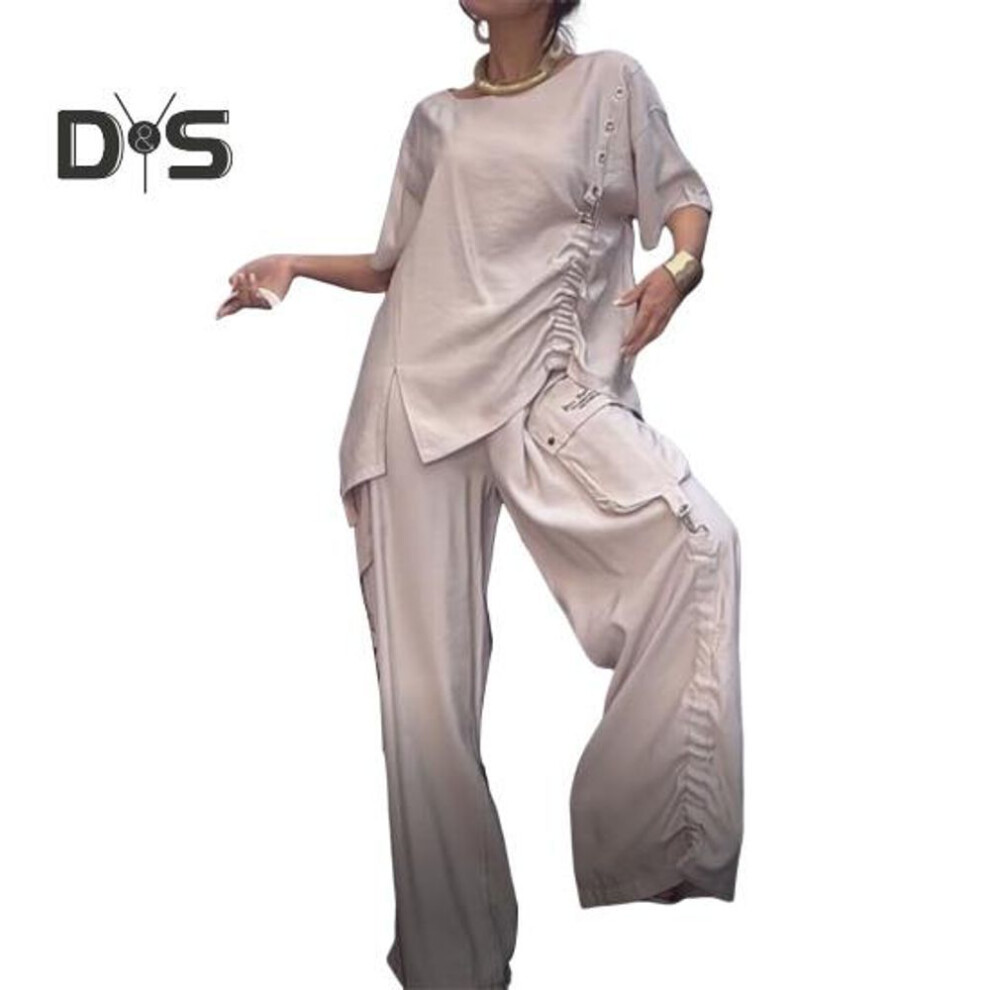 (white, XL) 2 Pcs/Set Fall Spring Women T-shirt Pants Set Short Sleeves Round Neck Pleated Top Elastic Waist Wide Leg Trousers Casual Sport Pantsuit Outfit