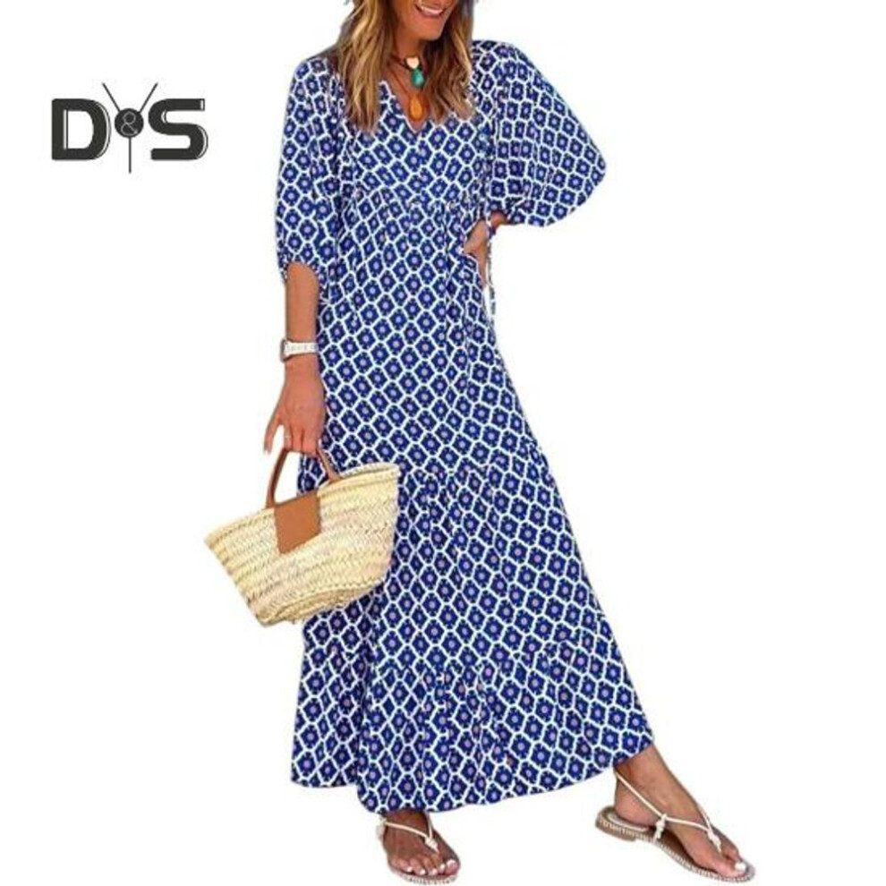 (navy blue, L) Lady Fall Dress Bubble Sleeves V Neck Printing A-line Loose Ankle Length Patchwork Bohemian Beach Maxi Dress Daily Wear Long Dress