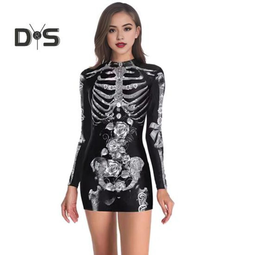 (as the picture, S 3) Halloween Women Dress Bloodstain Skeleton Spider Print V Neck Nurse Cosplay Long Sleeves Haunted House NPC Performance Costume