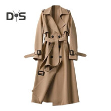 (brown, M) Fall Winter Women Jacket Double-breasted Buttons Solid Color Turn-down Collar with Belt Mid Length Windproof Outdoor Overcoat