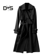 (black, XL) Fall Winter Women Jacket Double-breasted Buttons Solid Color Turn-down Collar with Belt Mid Length Windproof Outdoor Overcoat