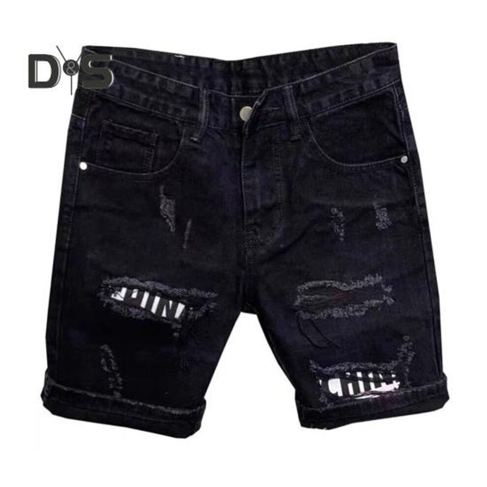 (black, 31) Men Ripped Patchwork Denim Shorts Button Zipper Fly Pockets Straight Leg Fit Shorts Knee-Length Denim Short Pants Streetwear