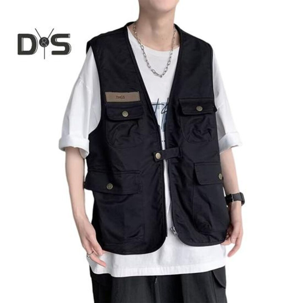 (black, M) Unisex Summer Casual Waistcoat Sleeveless Multi Pockets Design Vest Coat Zipper Buttons Closure Jacket Cargo Coat Streetwear