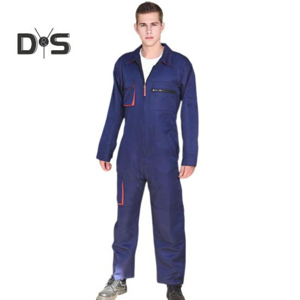 (navy blue, 4XL) Men Work Overall Uniform Lapel Long Sleeve Stain-resistant Zipper Design Pockets Jumpsuit Loose Fit Work Uniform Streetwear