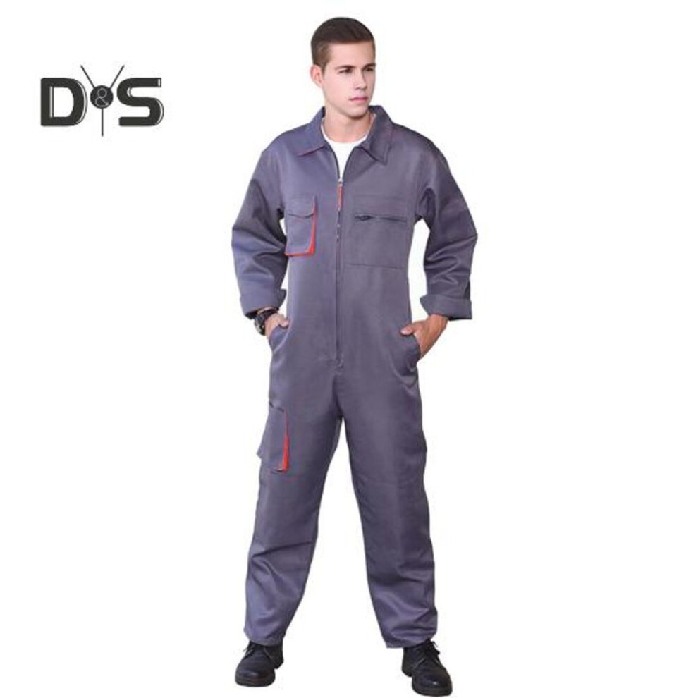 (grey, L) Men Work Overall Uniform Lapel Long Sleeve Stain-Resistant Zipper Design Pockets Jumpsuit Loose Fit Work Uniform Streetwear