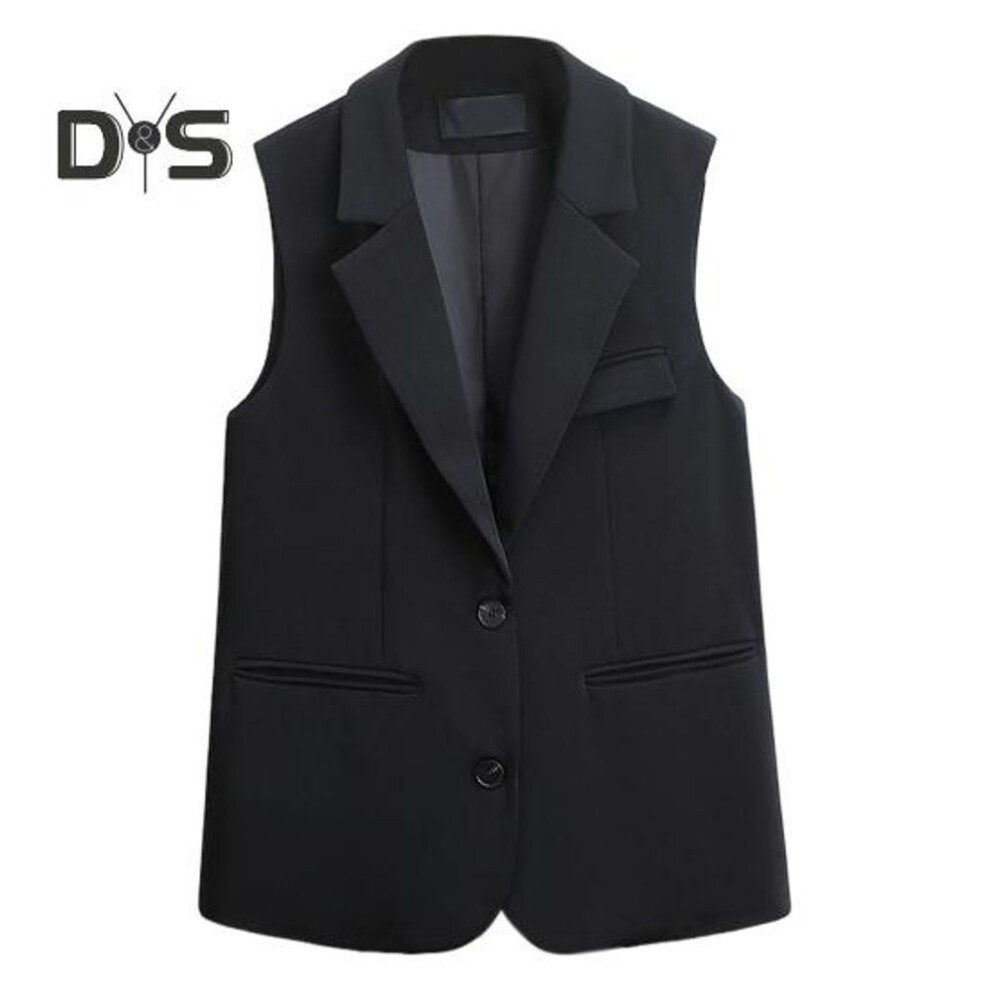 (black, L) Women Vest Sleeveless Double Buttons Western Style Slim Fit Cardigan Suit Coat Pure Color Deep V Neck Formal Business Style Lady Waistcoat