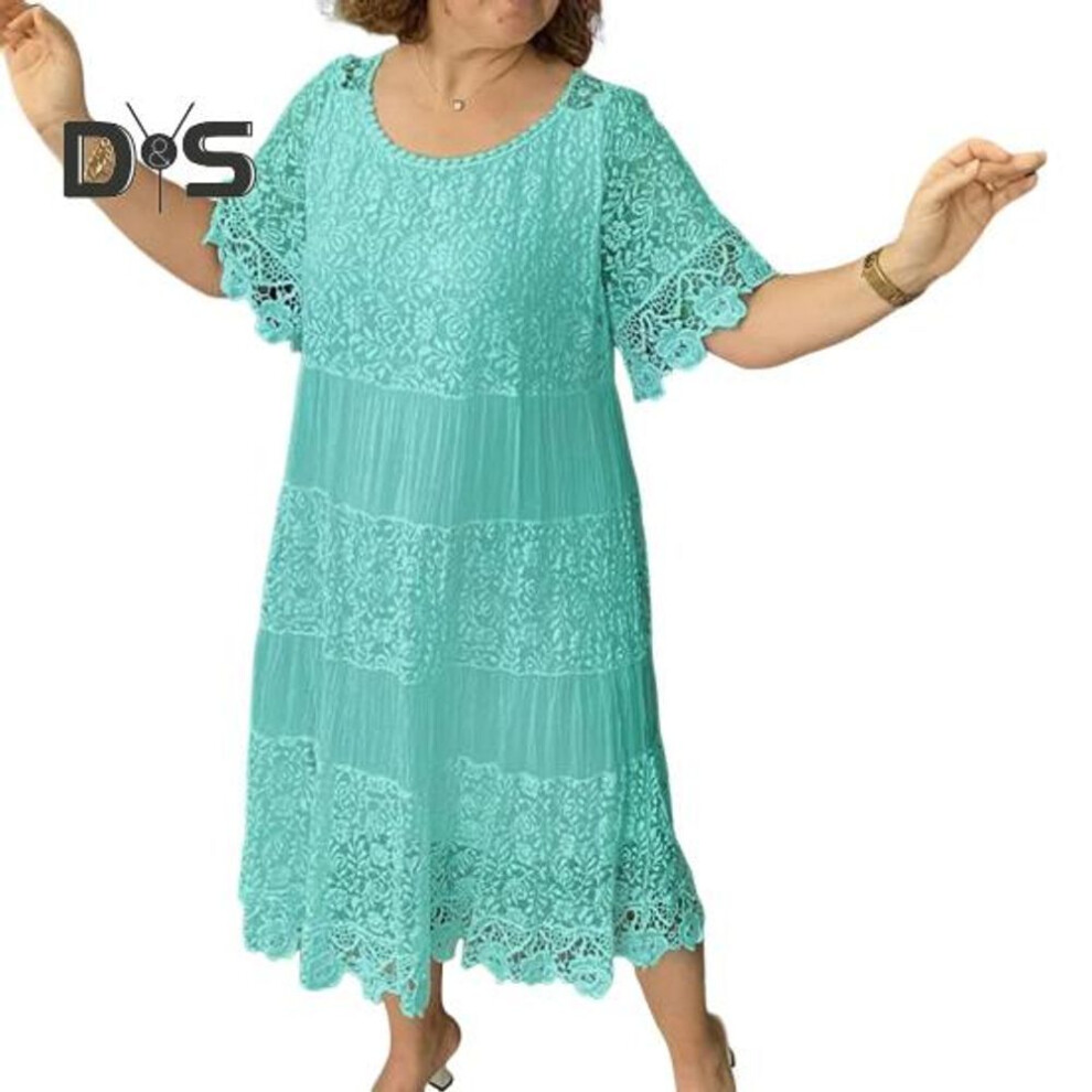 (mint green, XXL) Summer Women Dress Hollow Out Lace Round Neck Pleated Solid Color Mid-calf Length Loose Pullover Short Sleeves Floral Embroidery Midi Dress