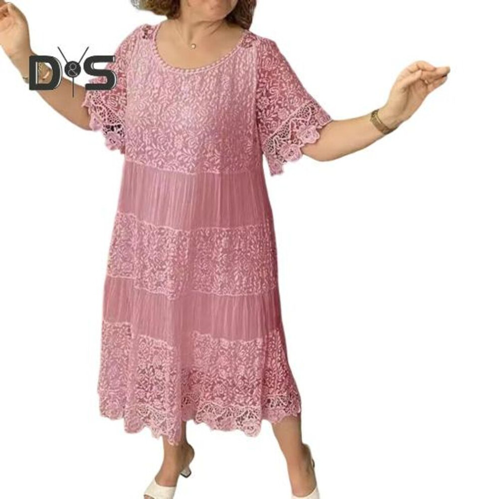 (pink, XXL) Summer Women Dress Hollow Out Lace Round Neck Pleated Solid Color Mid-calf Length Loose Pullover Short Sleeves Floral Embroidery Midi Dress