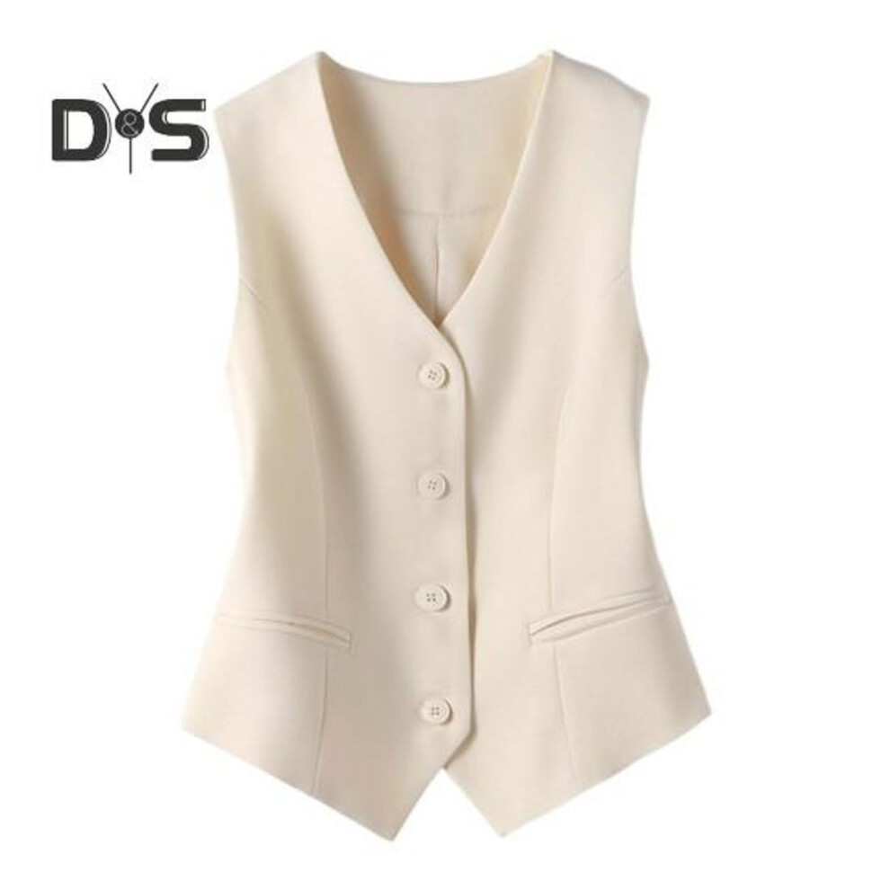(beige, XXL) Women Vest Sleeveless Single-breasted Western Style Slim Fit Cardigan Suit Coat Pure Color V Neck Formal Business Style Lady Waistcoat
