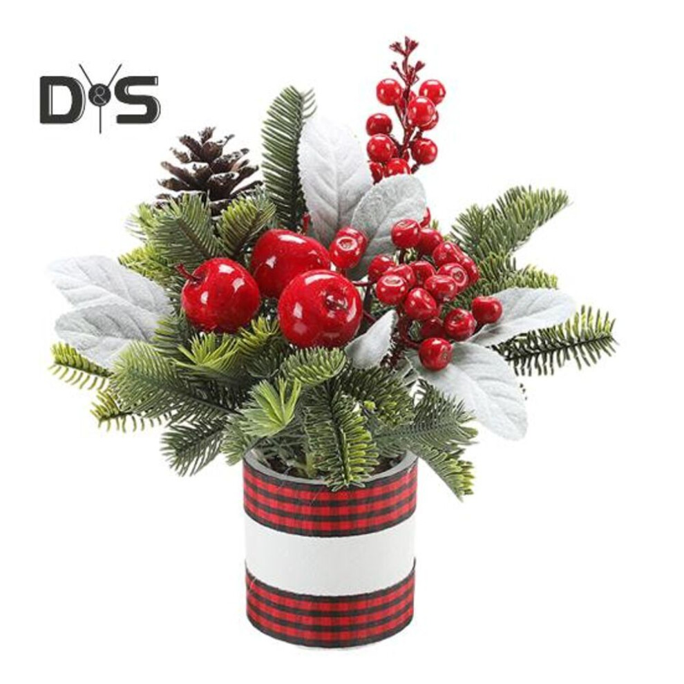 (red,white) Christmas Simulated Potted Plant Artificial Mini Tabletop Christmas Tree Fake Flower Planter With Berry Pine Cone For Home Office Decoration