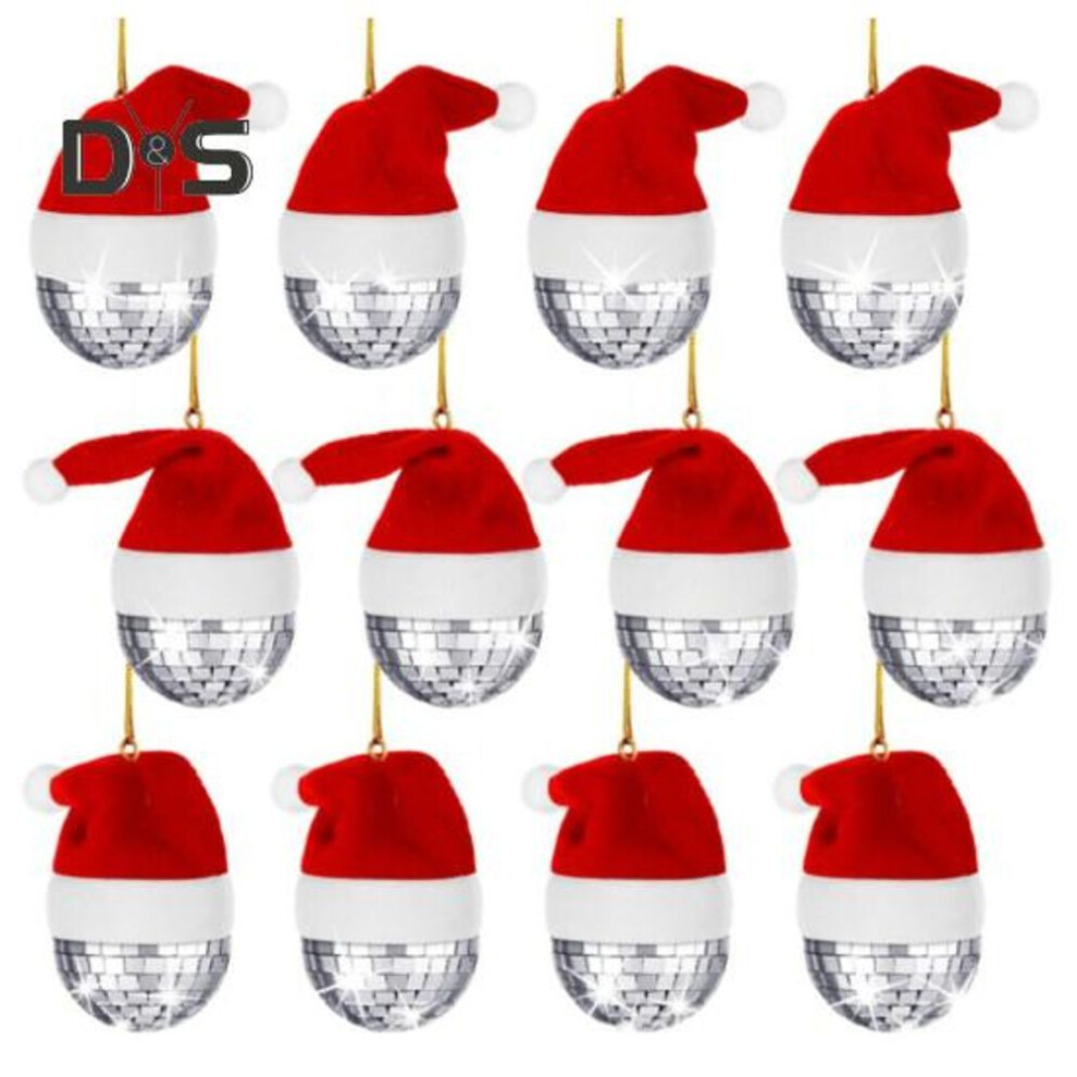 (silver) 12Pcs Christmas Disco Ball Reflective Mirror Ball with Santa Hat Christmas Tree Decoration for Home Party Tree Hanging Ornament