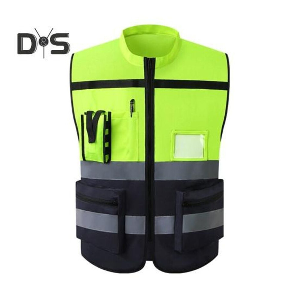 (fluorescent yellow, L) Men Women High-visibility Reflective Vest Stand Collar Sleeveless Multi Pockets Design Waistcoat Clear Id Pocket Pen Holder Vest Coat