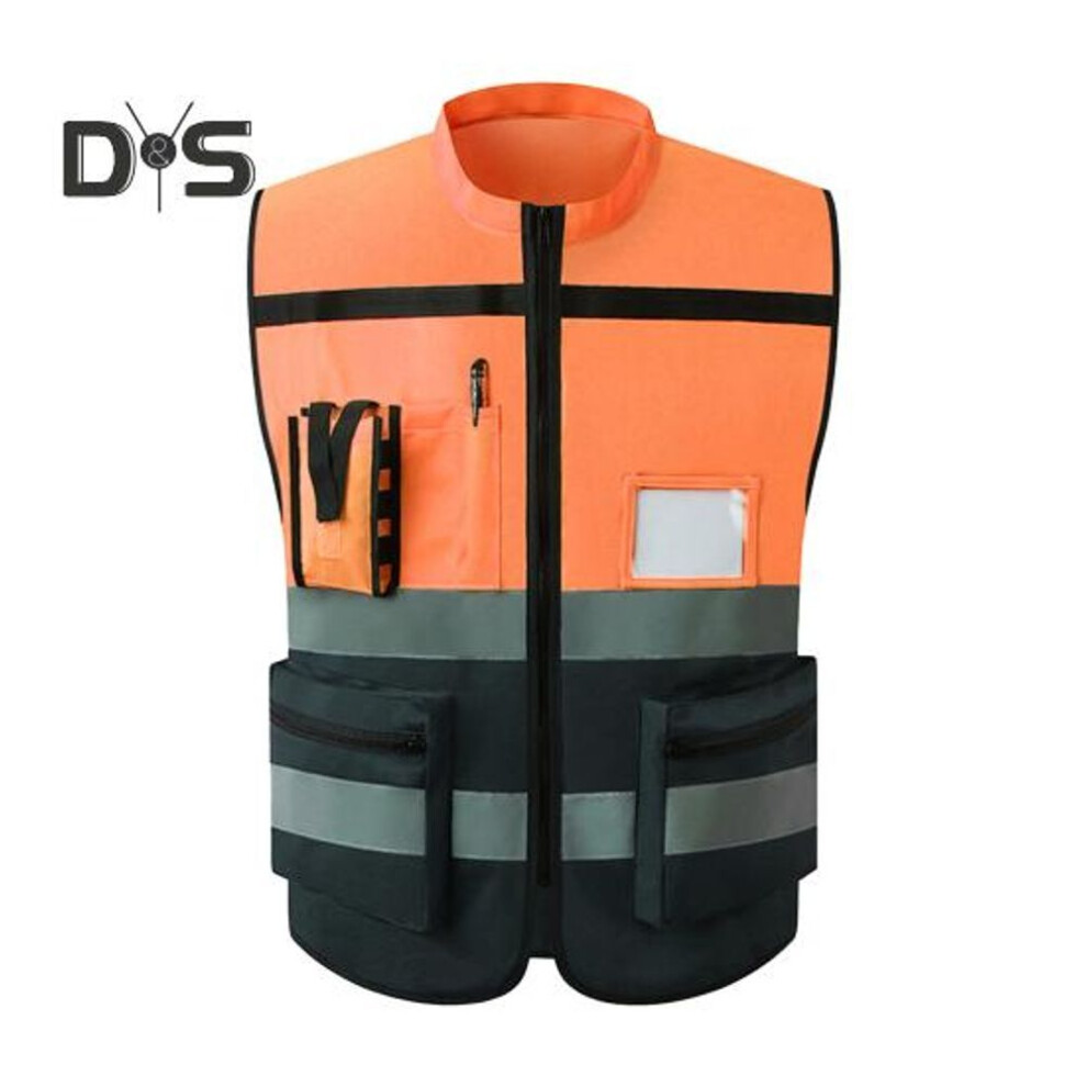 (dark orange, XL) Men Women High-visibility Reflective Vest Stand Collar Sleeveless Multi Pockets Design Waistcoat Clear Id Pocket Pen Holder Vest Coat